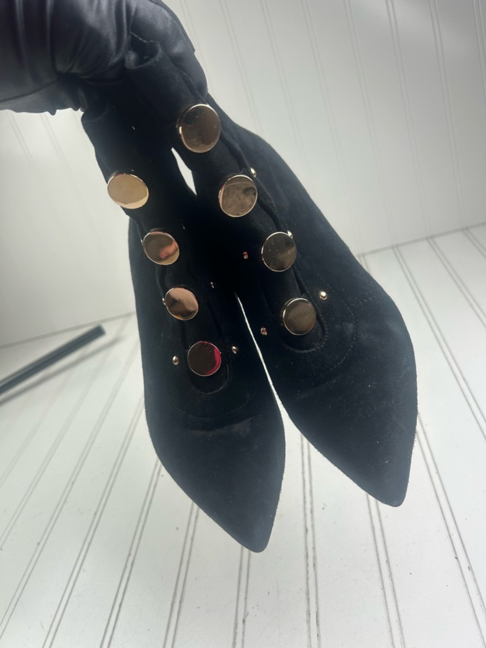 Jones Bootmaker Vintage Black Suede Studded Ankle Heel Boots Women’s Size 8 39 - Picture 11 of 12